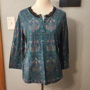 JONES NEW YORK SIGNATURE ¾ Sleeve Lace Neck Multicolor Cotton Spandex Blouse XL
